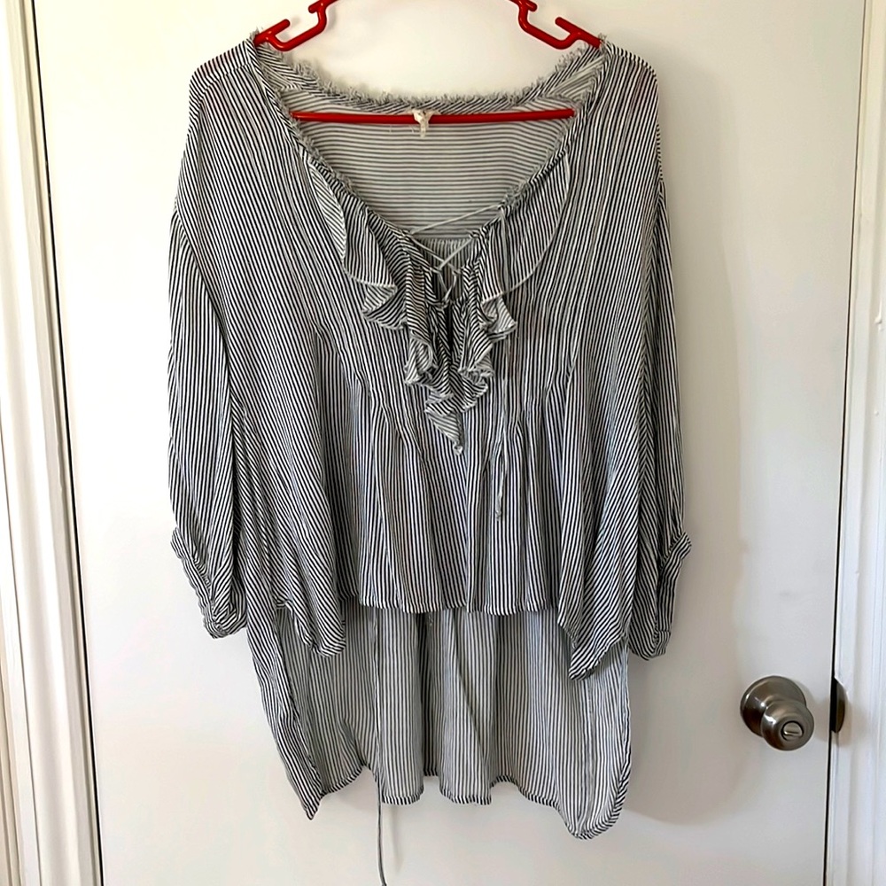Free People Black and White Striped Ruffle Front top!